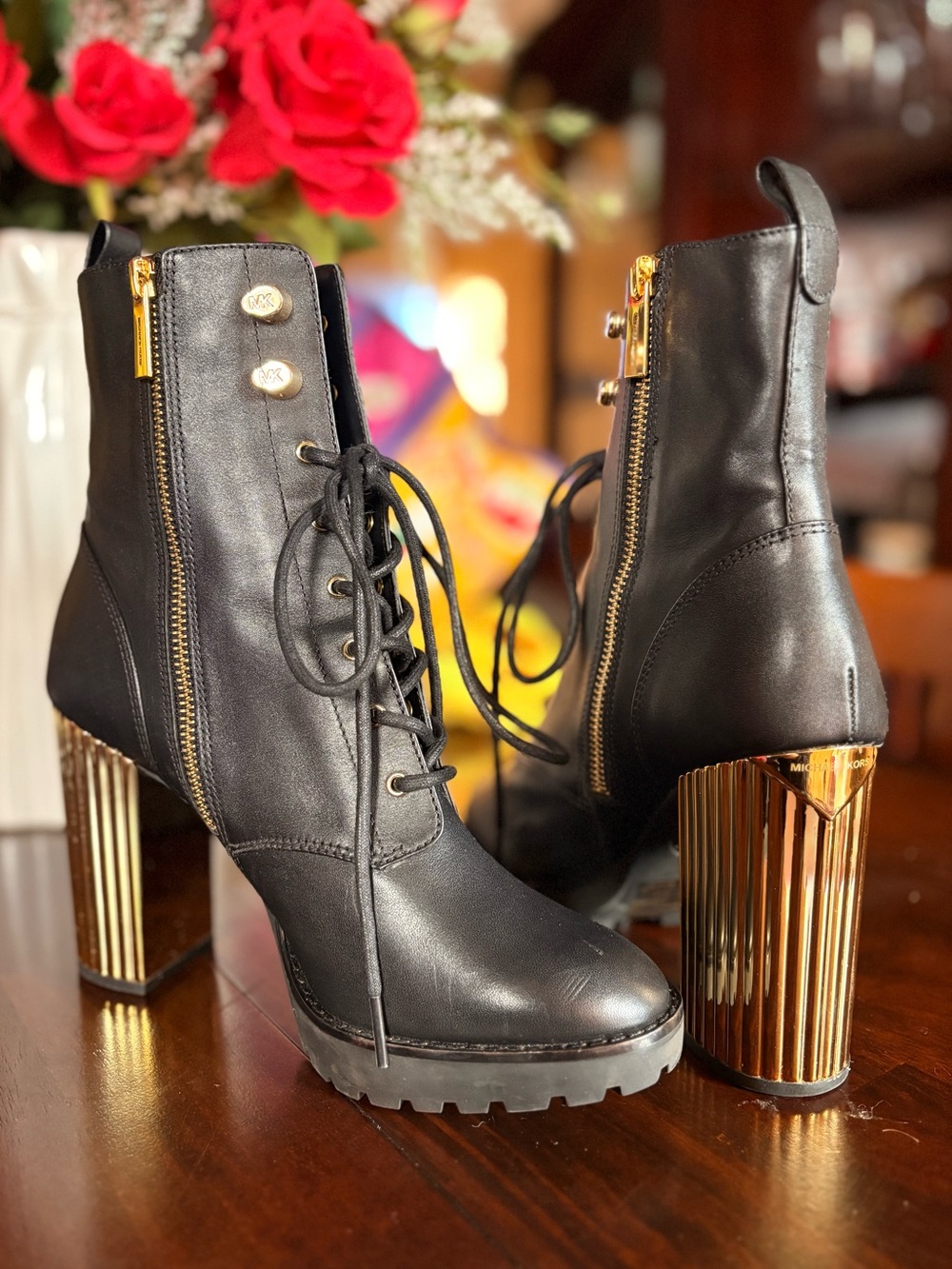 Michael Kors Black Leather Lace Up Ankle Boots Gold Block Heel Size 8 NWOT